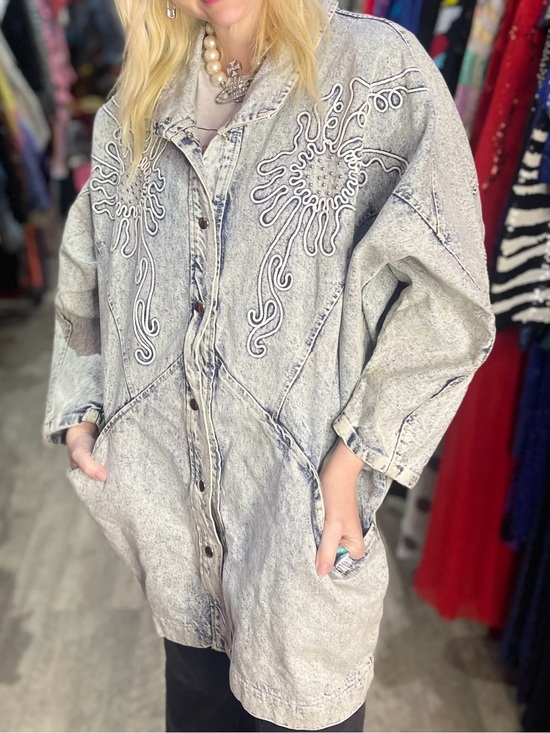 Fun Dimensions Jackets & Blazers - Oversized Washed Gray Embroidered Denim Jacket